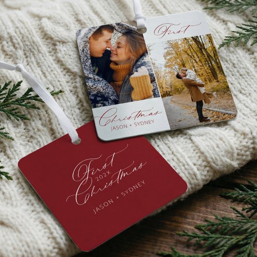 カップルモダンスタイリッシュ初めてのクリスマスのスクリプト写真 メタルオーナメント