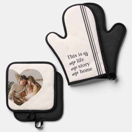 カップルモダン家族の写真と家族の引用文ギフト 鍋つかみ&鍋敷きセット (正面/裏面)