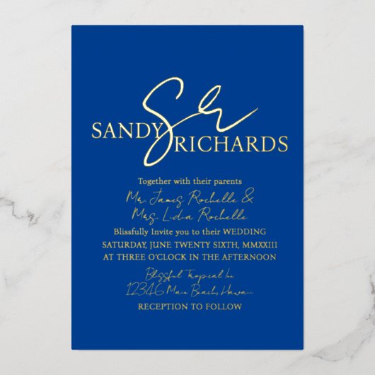 カップルモノグラムのブルー金ゴールド結婚ズ 箔招待状 (正面)