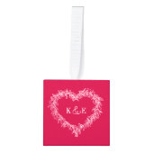 カップルモノグラムの赤いmistletoeのハート写真 キューブオーナメント (正面)