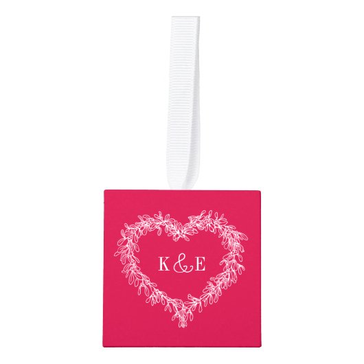 カップルモノグラムの赤いmistletoeのハート写真 キューブオーナメント (正面)