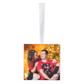 カップルモノグラムの赤いmistletoeのハート写真 キューブオーナメント (右)