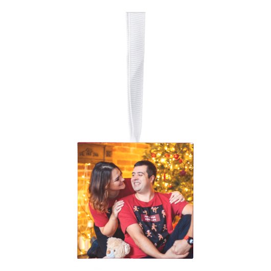 カップルモノグラムの赤いmistletoeのハート写真 キューブオーナメント (右)