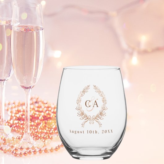 カップルモノグラムイニシャルリースバラ金ゴールド ステムなしワイングラス