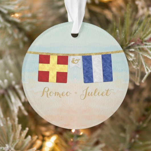 カップルモノグラム海事信号フラグ水色 オーナメント (ツリー)