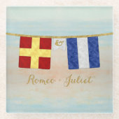 カップルモノグラム海事信号フラグ水色 ガラスコースター (正面)