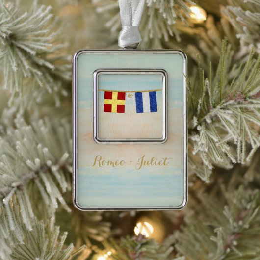 カップルモノグラム海事信号フラグ水色 シルバープレートフレームオーナメント (ツリー)