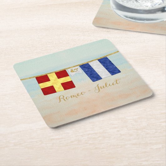 カップルモノグラム海事信号フラグ水色 スクエアペーパーコースター (アングル)