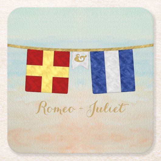 カップルモノグラム海事信号フラグ水色 スクエアペーパーコースター (正面)