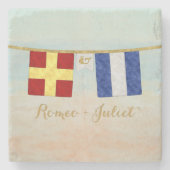 カップルモノグラム海事信号フラグ水色 ストーンコースター (正面)