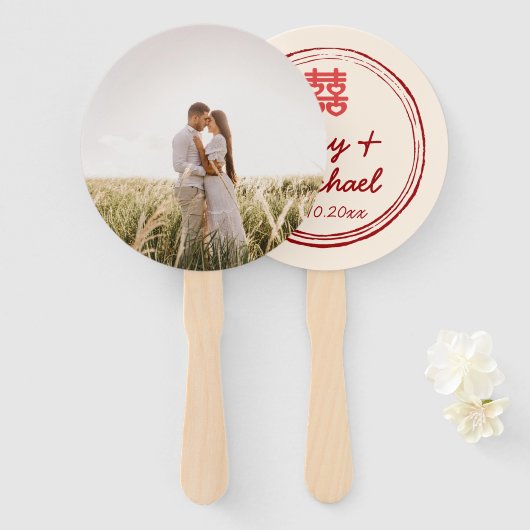 カップル中国の写真の二重結婚幸福のロゴ ハンドファン (正面&裏面)