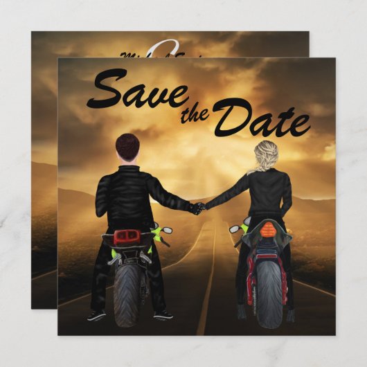 カップル乗りオートバイ魔法の夕日結婚の セーブザデート (正面/裏面)