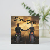 カップル乗りオートバイ魔法の夕日結婚の セーブザデート (スタンド正面)