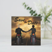 カップル乗りオートバイ魔法の夕日結婚の セーブザデート (スタンド正面)
