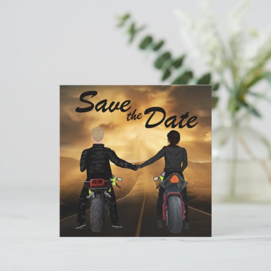 カップル乗りオートバイ魔法の夕日結婚の セーブザデート (スタンド正面)
