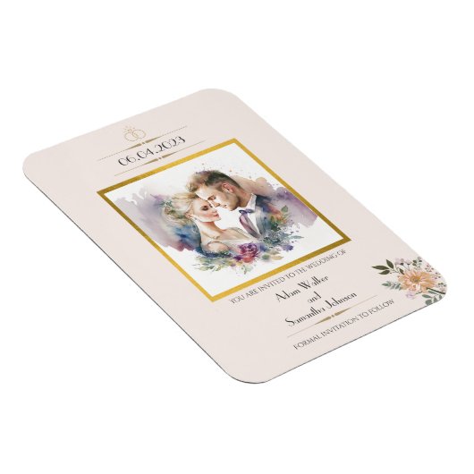 カップル伝統的金ゴールド花の日付を保存 マグネット (右側)