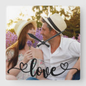 カップル写真の愛とハート書 スクエア壁時計 (正面)