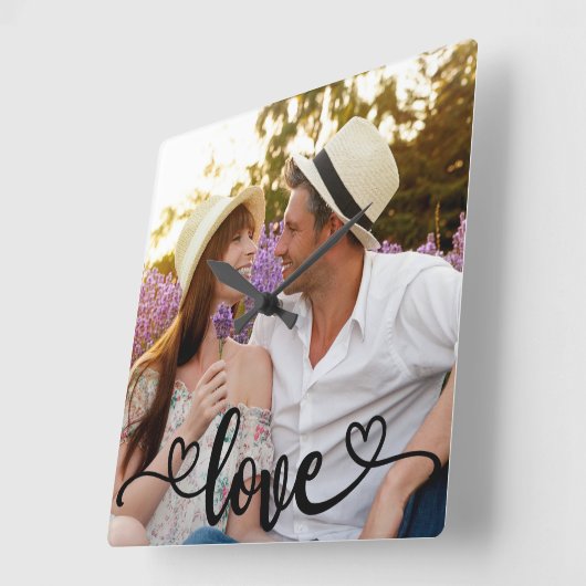 カップル写真の愛とハート書 スクエア壁時計 (傾斜)