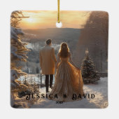 カップル写真の雪モダン冬 セラミックオーナメント (裏面)