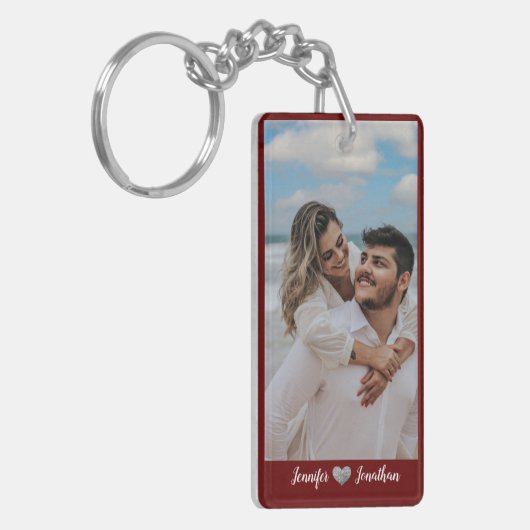 カップル写真グリッターシルバーハートブルゴーニュの名前 キーホルダー (正面左)