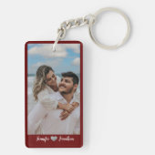 カップル写真グリッターシルバーハートブルゴーニュの名前 キーホルダー (裏面)