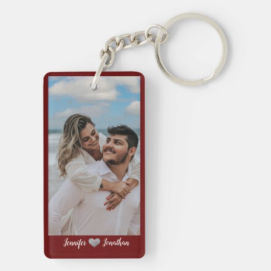 カップル写真グリッターシルバーハートブルゴーニュの名前 キーホルダー (裏面)