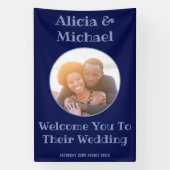 カップル写真ネイビー結婚ブルーの歓迎 横断幕 (縦)