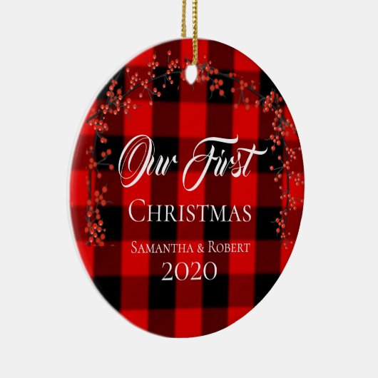 カップル初めてのクリスマス名Date Red Plaid セラミックオーナメント (右)