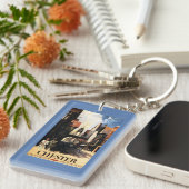 カップル及びタワーの時計の柵との通りの眺め キーホルダー (正面右)