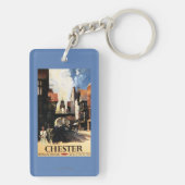 カップル及びタワーの時計の柵との通りの眺め キーホルダー (裏面)