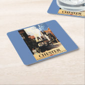 カップル及びタワーの時計の柵との通りの眺め スクエアペーパーコースター (アングル)