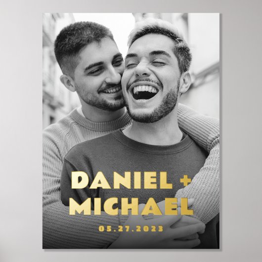 カップル名と日付のはっきりしたタイポグラフィ写真 箔ポスター (正面)