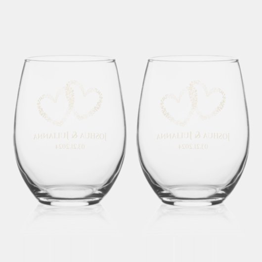 カップル名エレガントゴールデン絡み合いハート ステムなしワイングラス (裏面)
