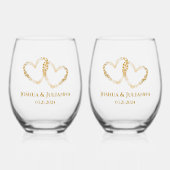 カップル名エレガントゴールデン絡み合いハート ステムなしワイングラス (正面)