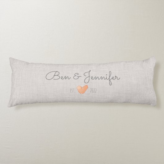 カップル名オレンジ色の水色ハートリネンラブ ボディピロー (正面)