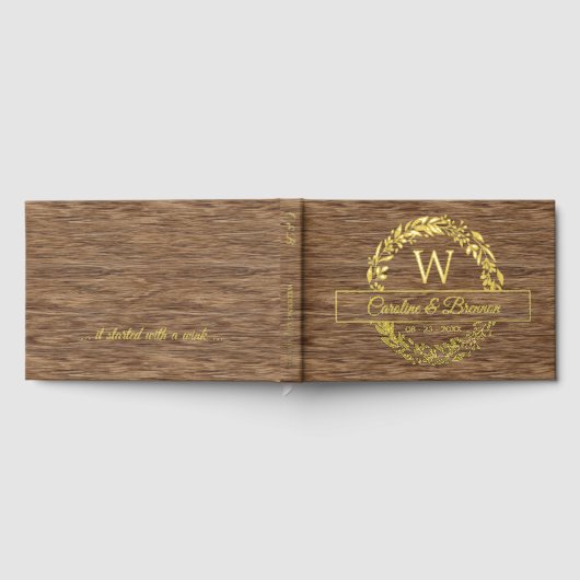 カップル名結婚の日付月桂樹リース金ゴールド ゲストブック (全面)