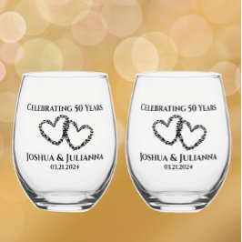 カップル名50周年記念ギフトオリジナルハート ステムなしワイングラス