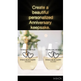 カップル名50周年記念ギフトオリジナルハート ステムなしワイングラス