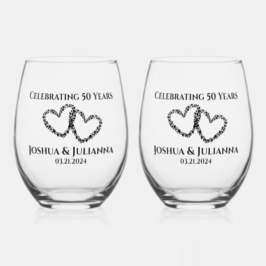 カップル名50周年記念ギフトオリジナルハート ステムなしワイングラス (正面)