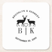 カップル名 鹿 モノグラム ラスティック カントリー ウェディング スクエアペーパーコースター (正面)