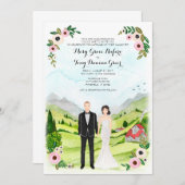 カップル図解入りの、写真付きのポートレート結婚のランドスケープ・カード 招待状 (正面/裏面)