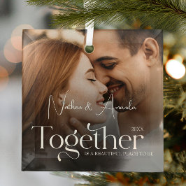 カップル婚約したミニマル写真 ガラスオーナメント