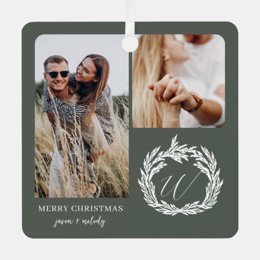 カップル婚約写真ガーランドリースモノグラム メタルオーナメント (正面)