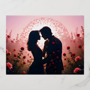 カップル愛ロマンチックなサンセットシルエット結婚ズ 箔シーズンポストカード