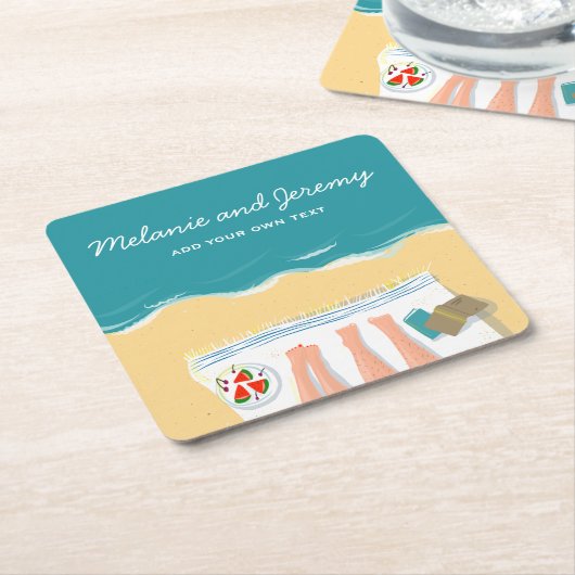 カップル日光浴オンビーチ パーソナライズされた スクエアペーパーコースター (アングル)