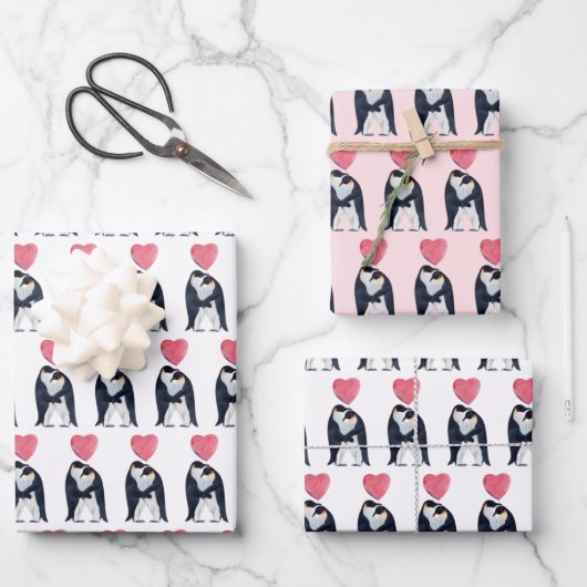 カップル皇帝ペンギンハートバレンタインデー ラッピングペーパーシート (正面)