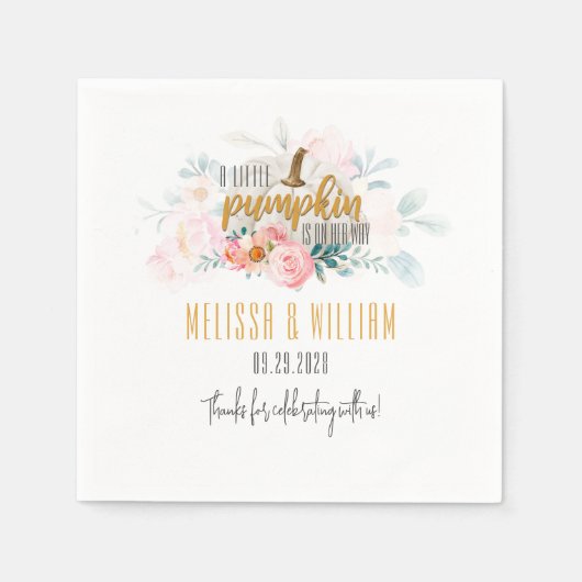カップル秋ベビーシャワーパンプキンカスタムフローラ スタンダードカクテルナプキン (正面)