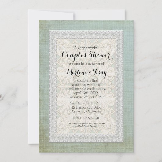 カップル素朴シャワーレースwエイジヴィンテージリネン 招待状 (正面)