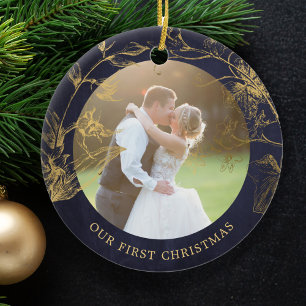 カップル結婚したフォト初めてのクリスマスエレガント セラミックオーナメント