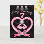 カップル結婚のための7周年記念ピンクのハートボウ カード (黄色い花)